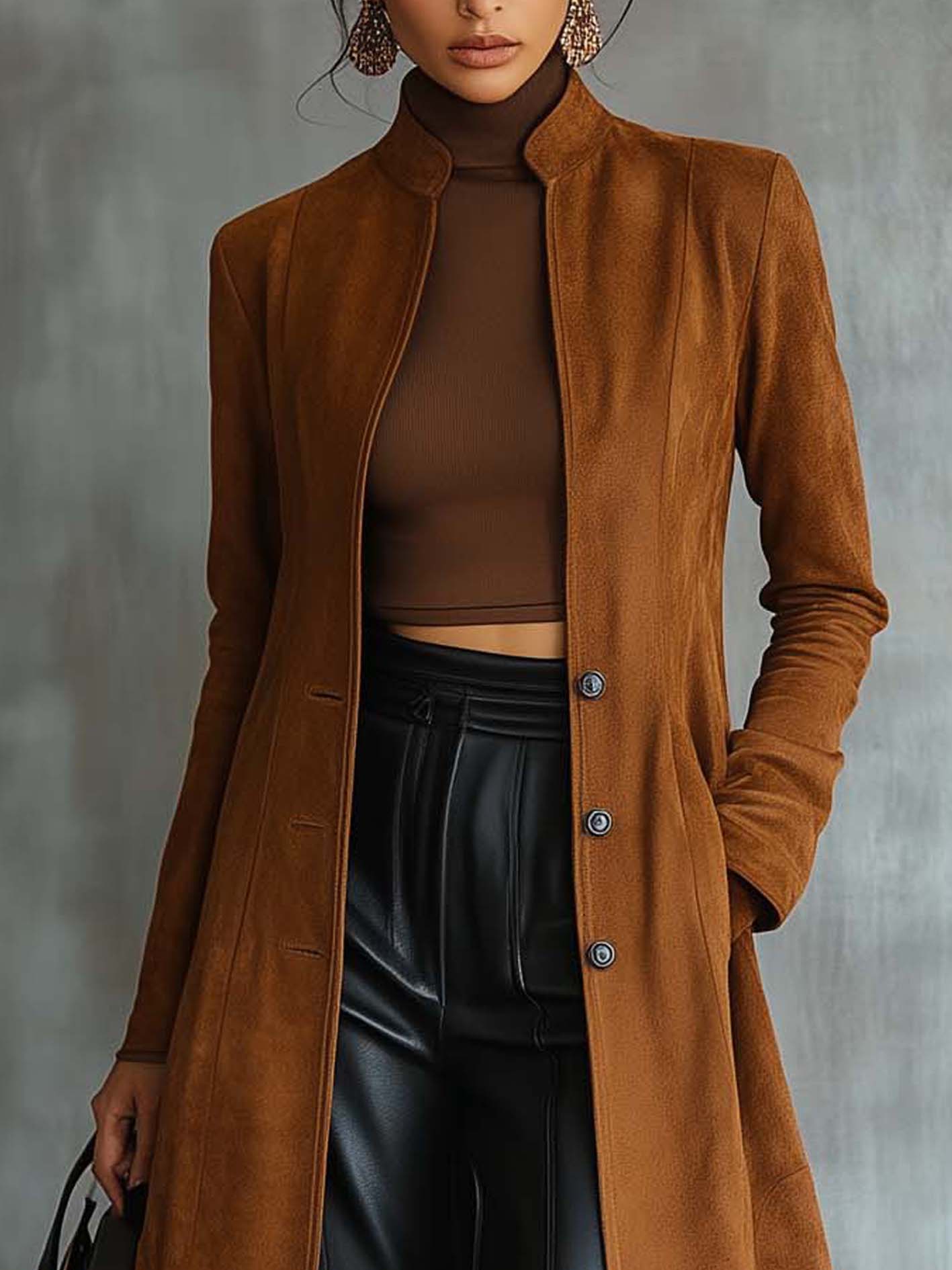Brown Vintage Suede Coat With Stand-up Collar