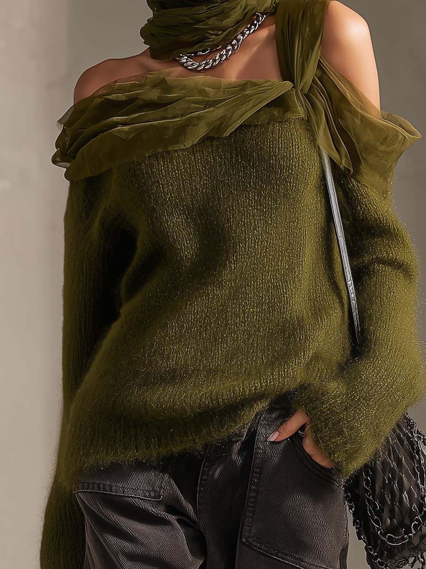 Olive Green Off Shoulder Chiffon Ruffle Strap Mohair Knit Sweater