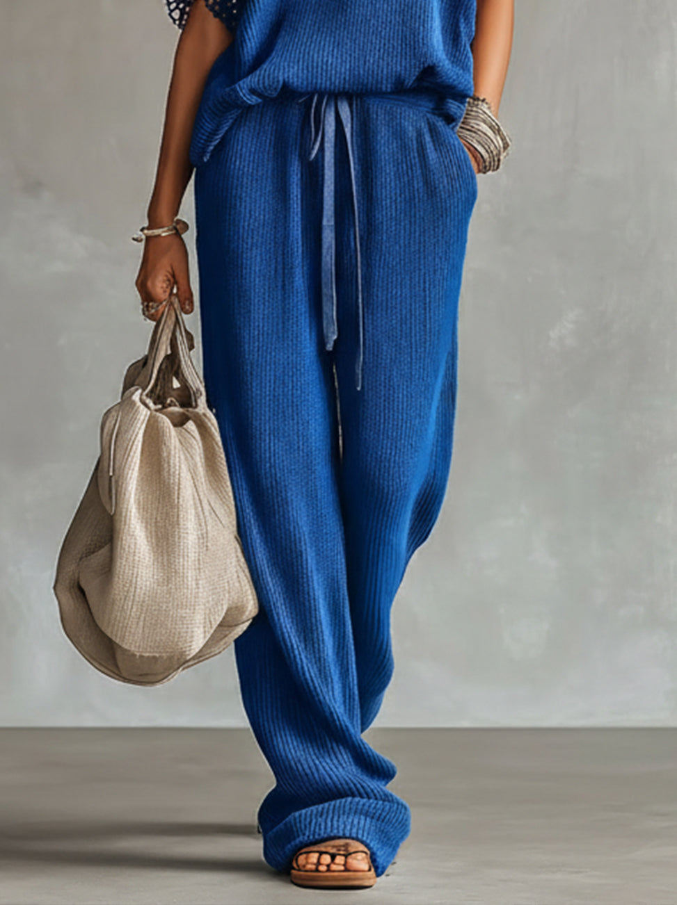 Blue Knit Lounge Set With Crochet Sleeve Detail