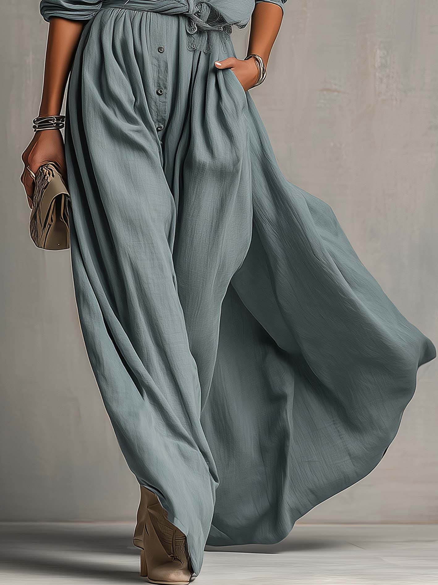 Blue Gray Cotton Linen Maxi Shirt Dress With Belt