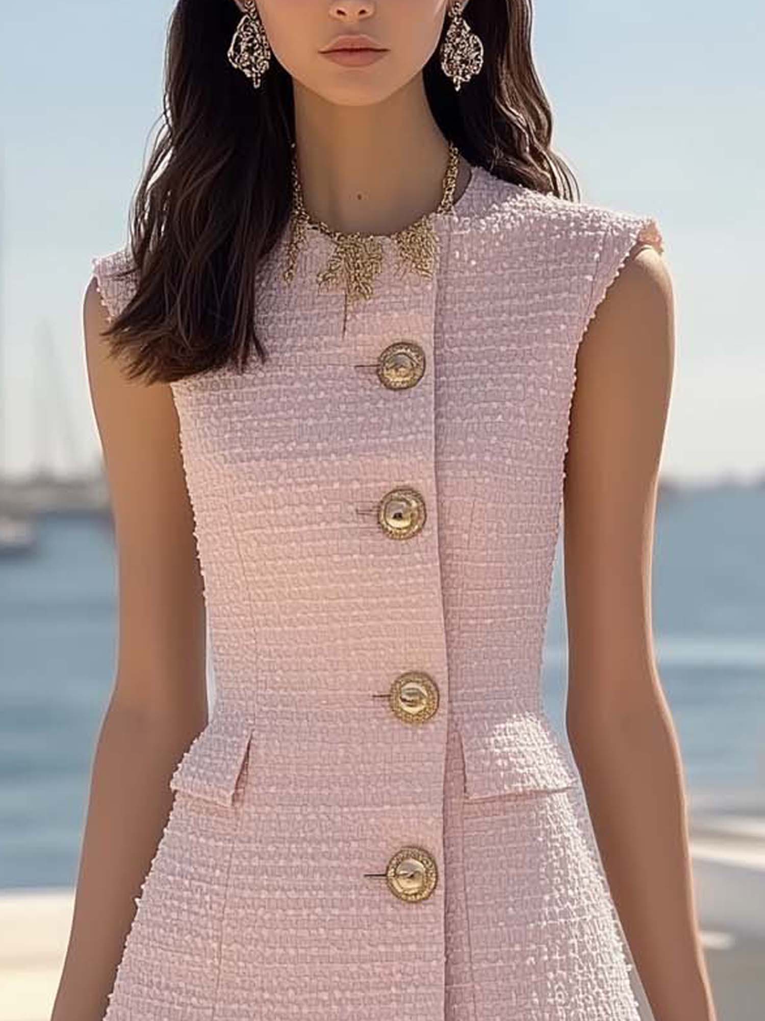 Pink Mini Dress With Buttons In Fashionable Textured Fabric
