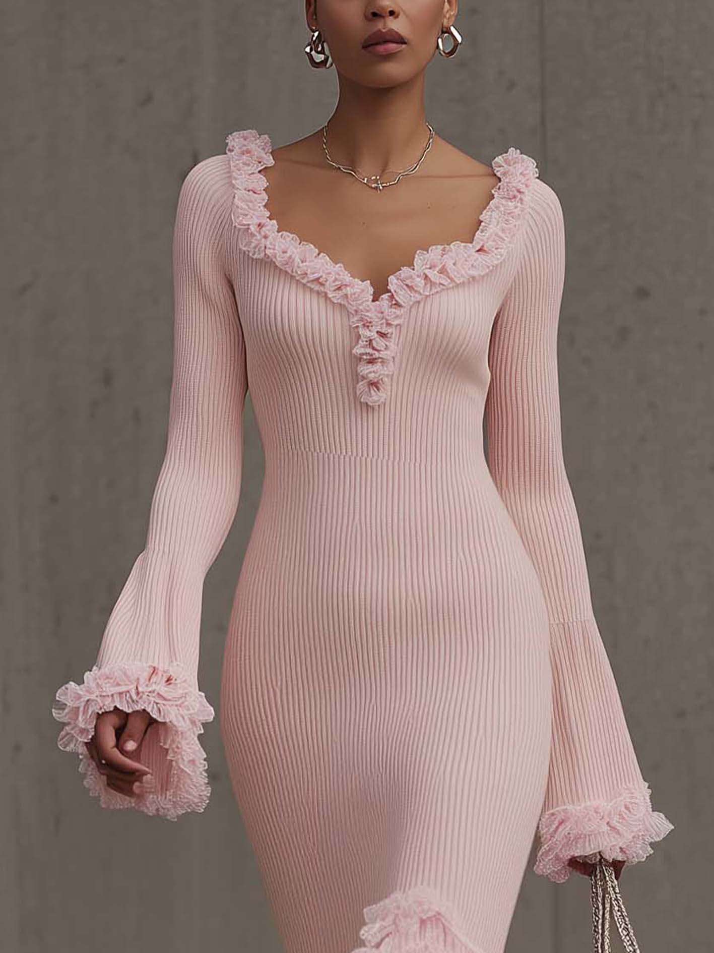 Pink Ruffle Trim Knit Bodycon Dress