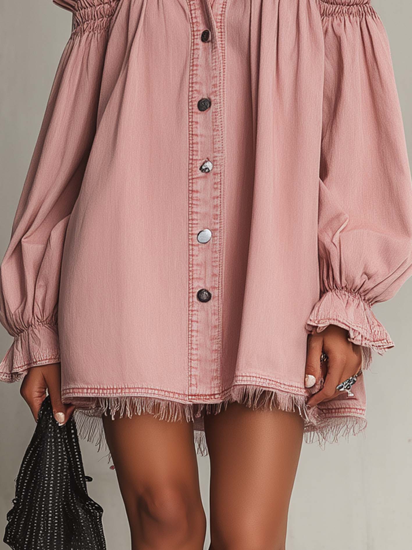 Pink Cold Shoulder Denim Mini Dress With Turn-Down Collar