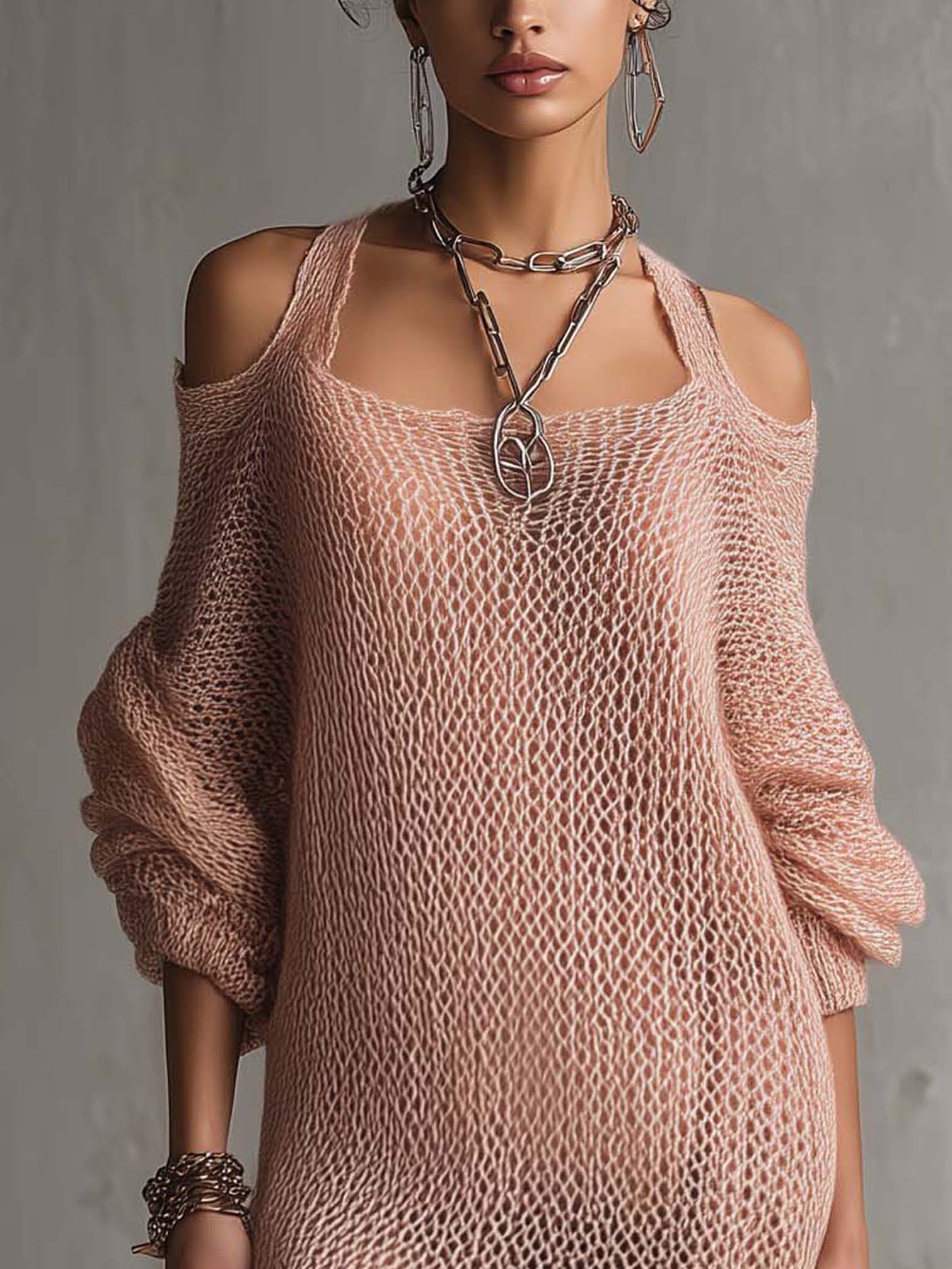 Pink Knit Cold Shoulder Mini Dress