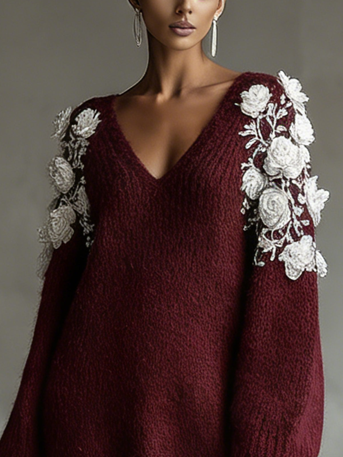 Wine Red Knit Mini Dress With White 3D Floral Shoulder And Deep V-Neck