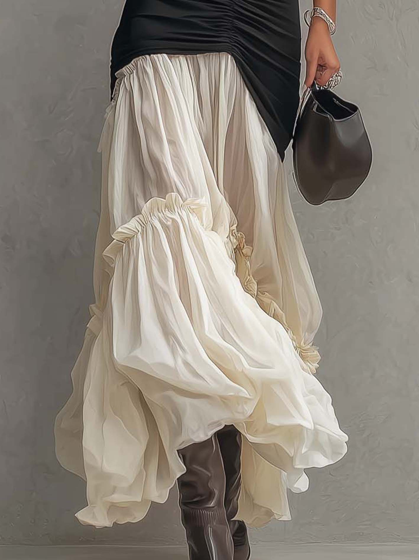 Black Satin And Chiffon Patchwork Maxi Dress