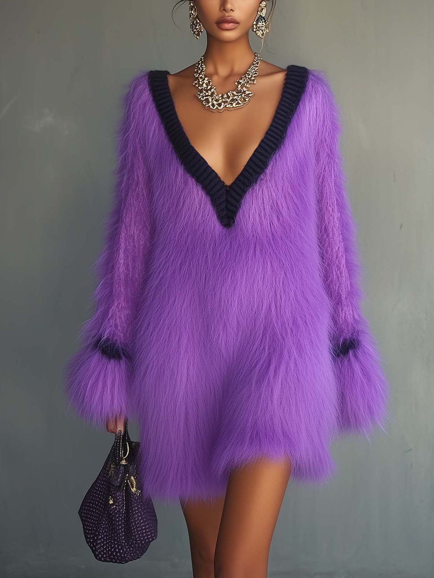 Fuzzy Purple Knit Mini Dress With Black Trim