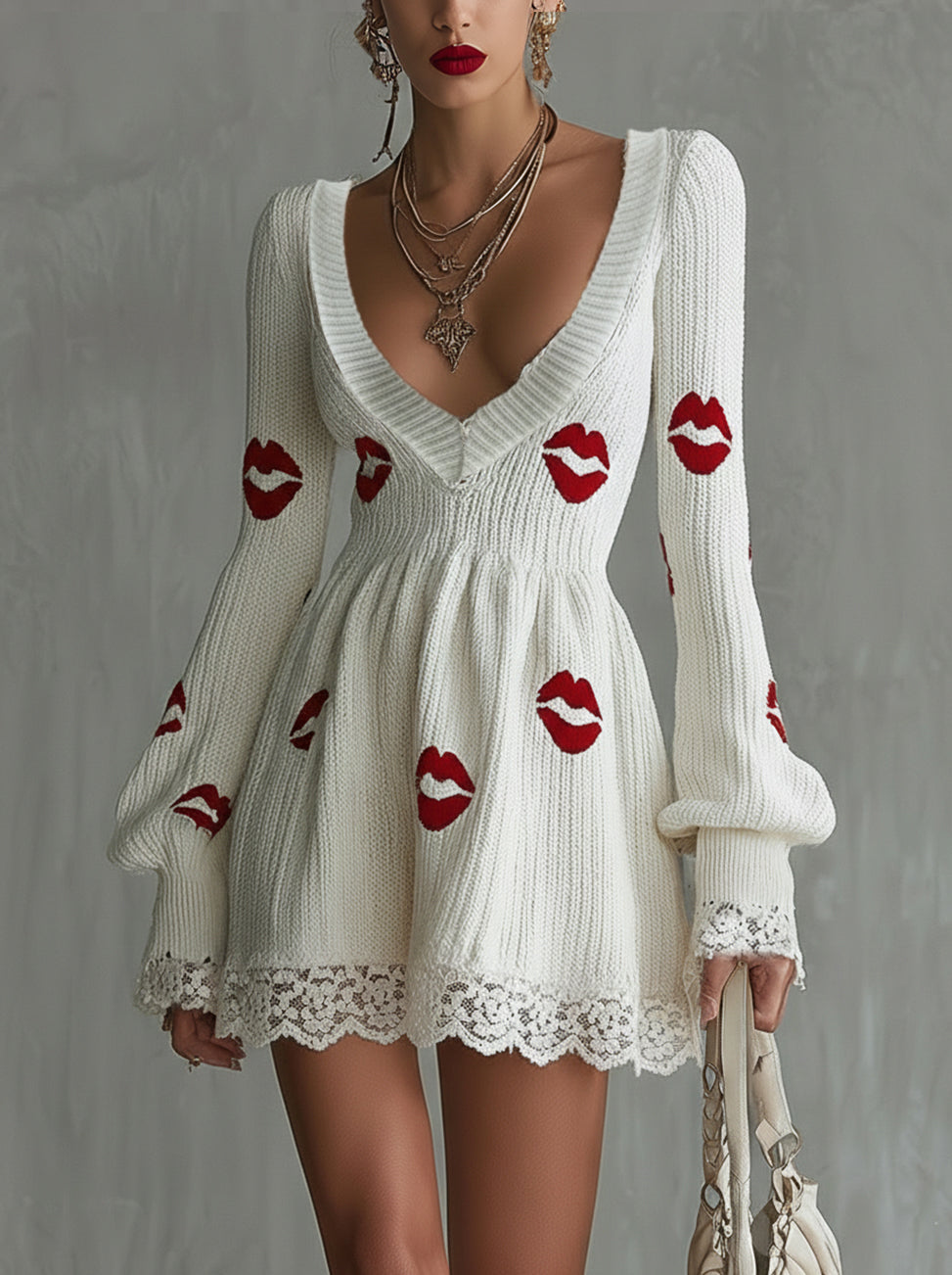 White Knit Lace-Trim Mini Dress With Red Lip