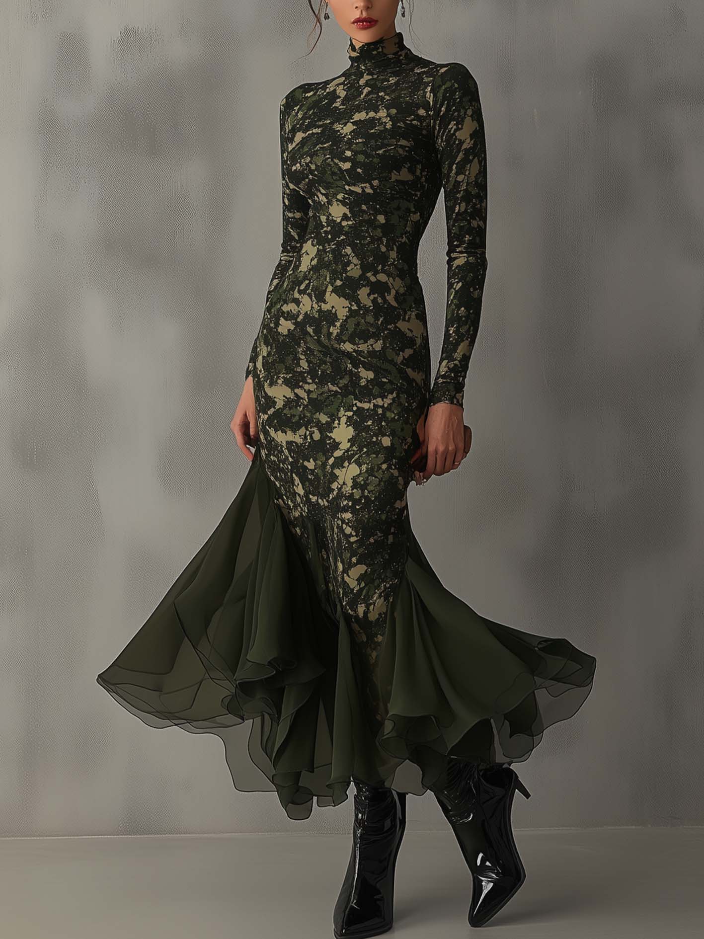 Green Midi Bodycon Dress With Chiffon Patchwork And Camouflage Print