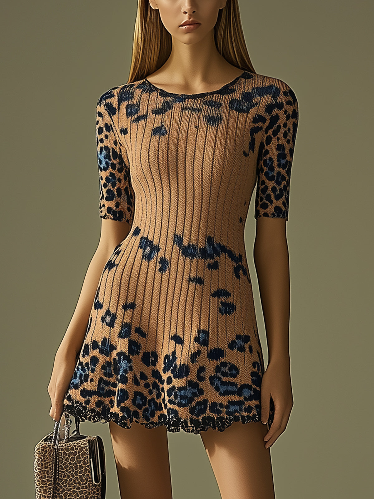 Leopard Print Ribbed Knit Mini Dress With Short Sleeves