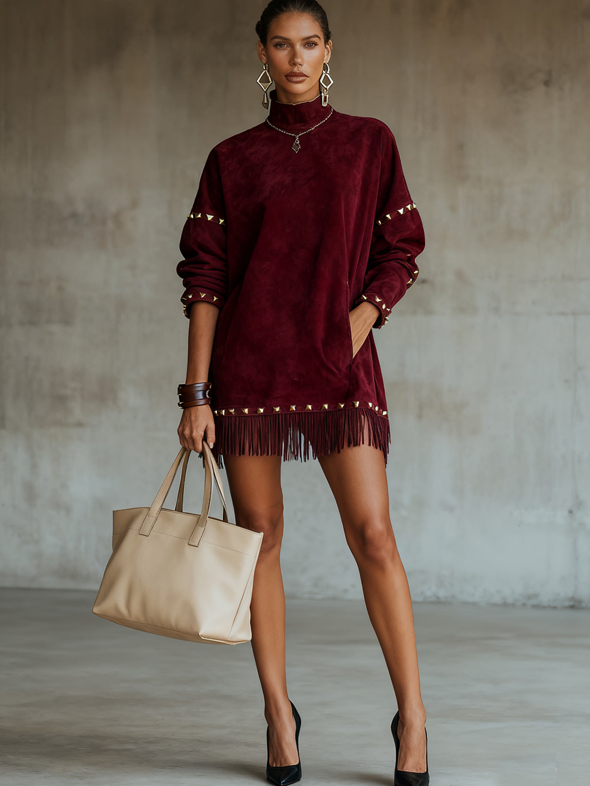 Red Faux Suede Mini Dress With Studded Fringe Trim