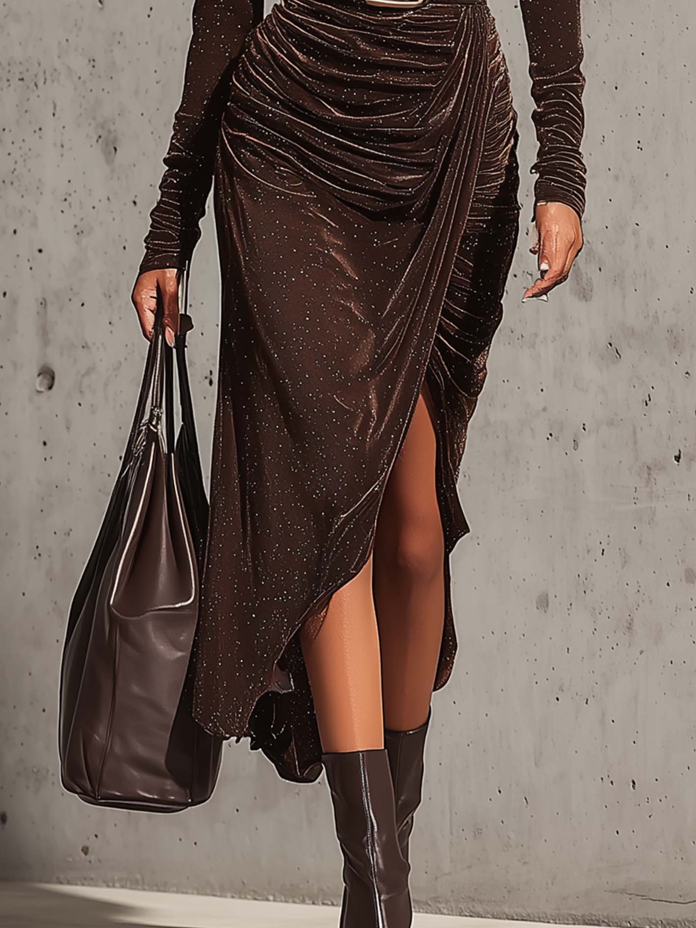 Chocolate Sparkle Velvet Bodycon Dress With Belt