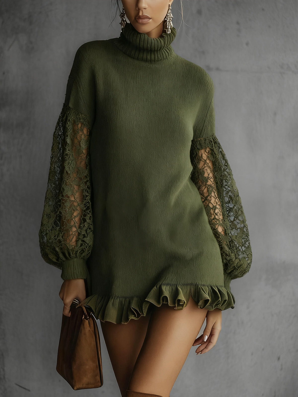 Olive Green Sweater Dress With Lace Sleeves And Ruffle Hem