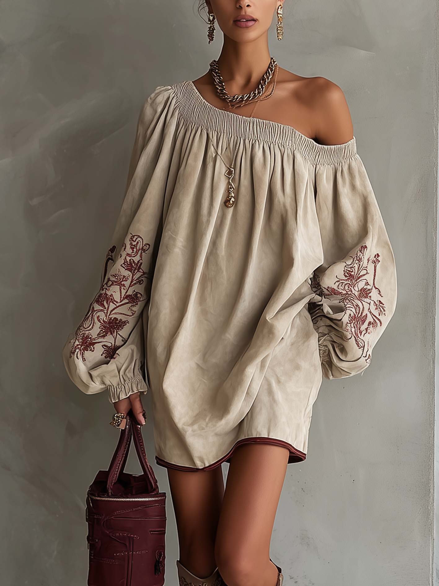 Oatmeal Faux Suede One Shoulder Mini Dress With Embroidered Sleeve
