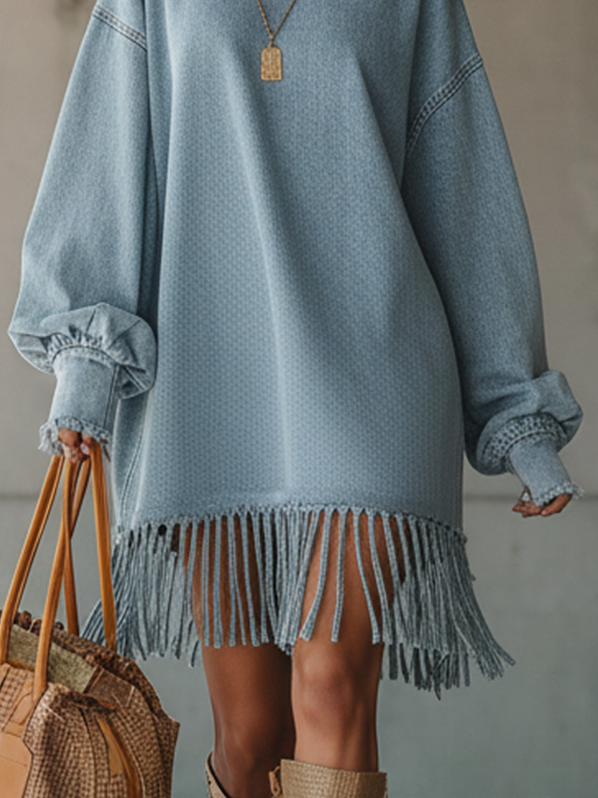 Light Blue Oversized Denim Fringe Hem Mini Dress