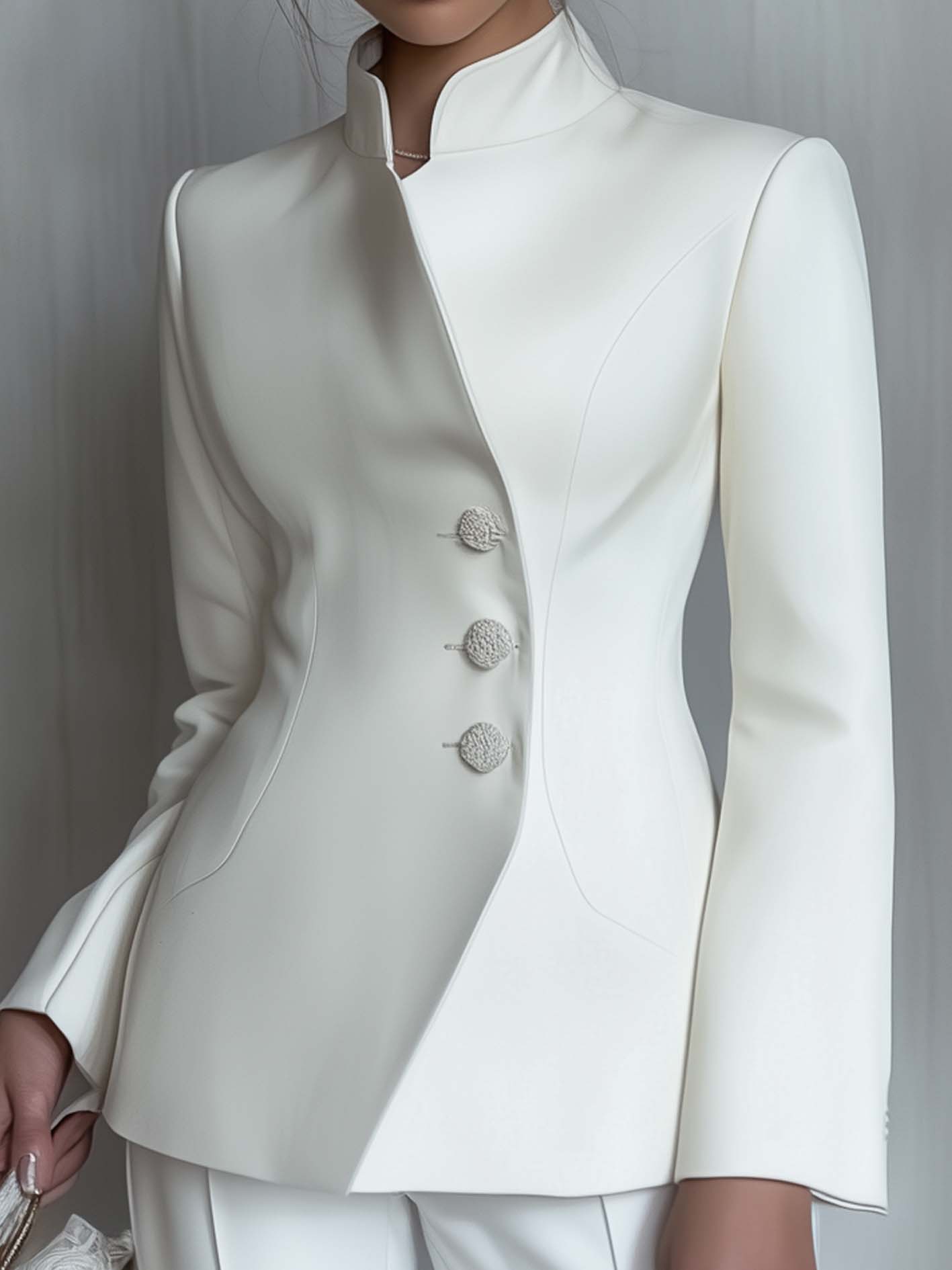Elegant White Blazer With Stand-up Collar
