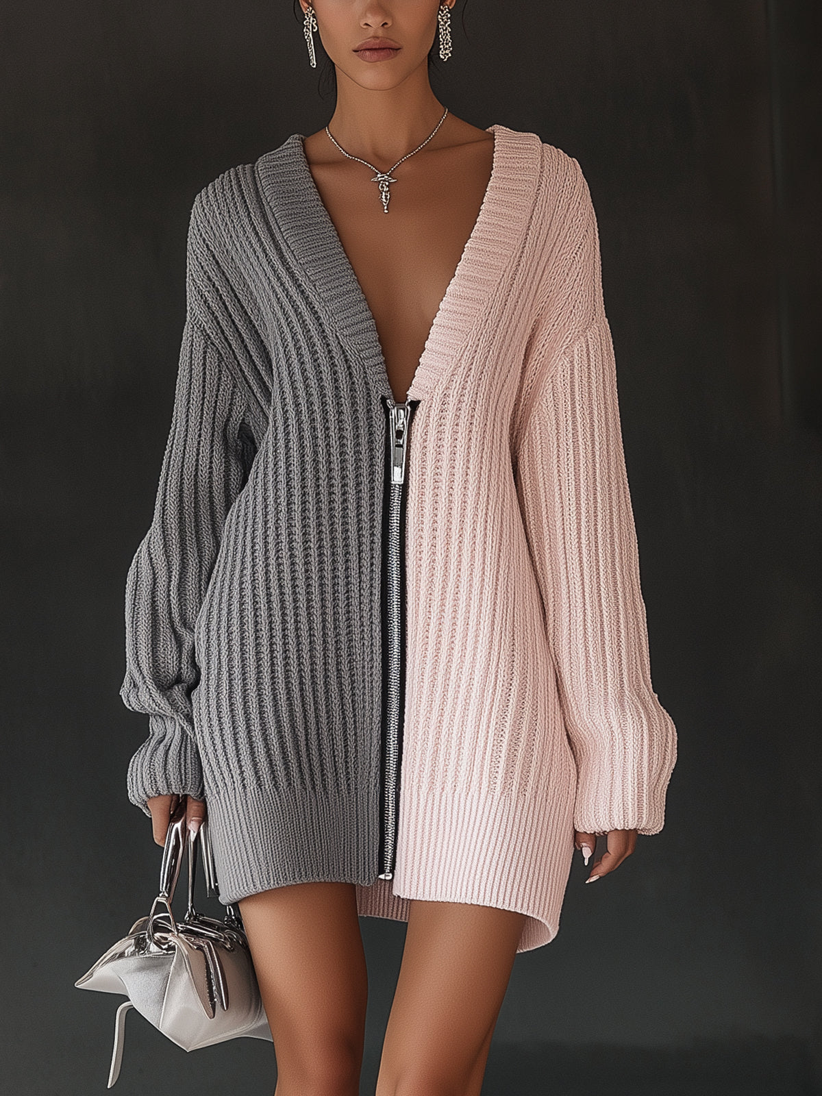 Two-Tone Oversized Knit Mini Dress With Zip Closure
