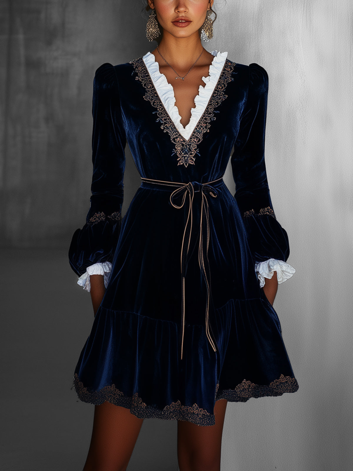 Navy Blue Velvet Mini Dress With Ruffled Trim And Lace Embellishments