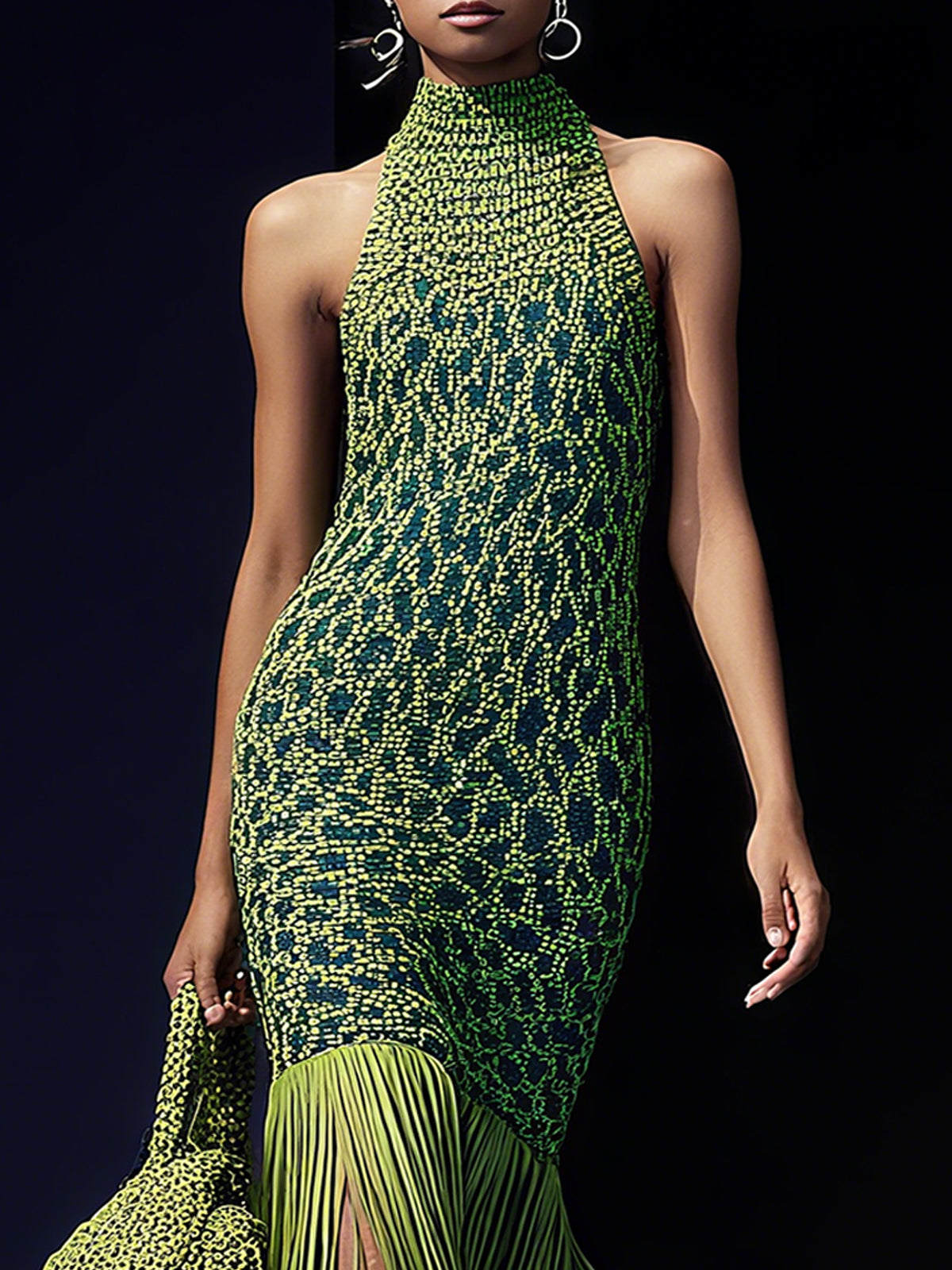 Green Gradient Fringe Halter Neck Maxi Dress