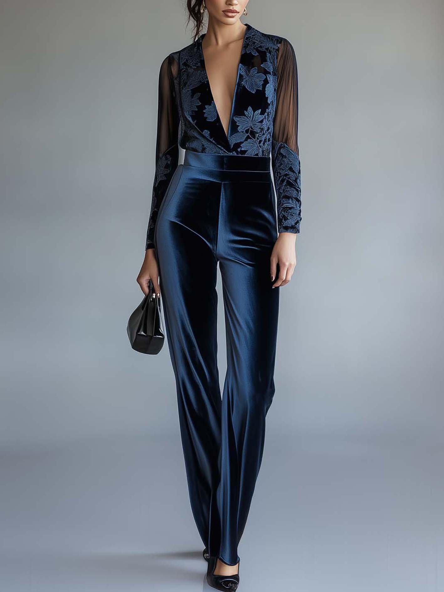 Dark Blue Velvet Jumpsuit With Mesh Sleeves And Floral Print