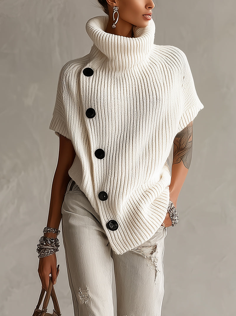 Ivory Ribbed Knit Asymmetric Button Turtleneck Sweater
