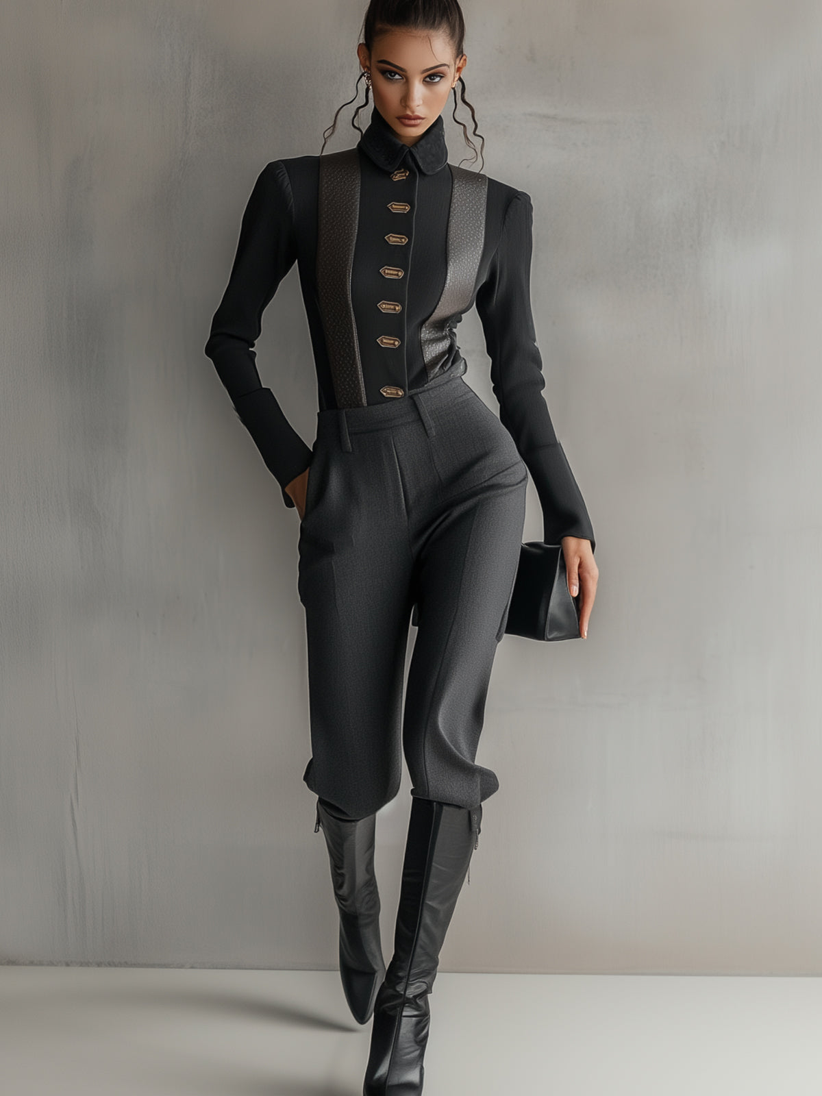 Black High-Collar Golden Button Two-Piece Set