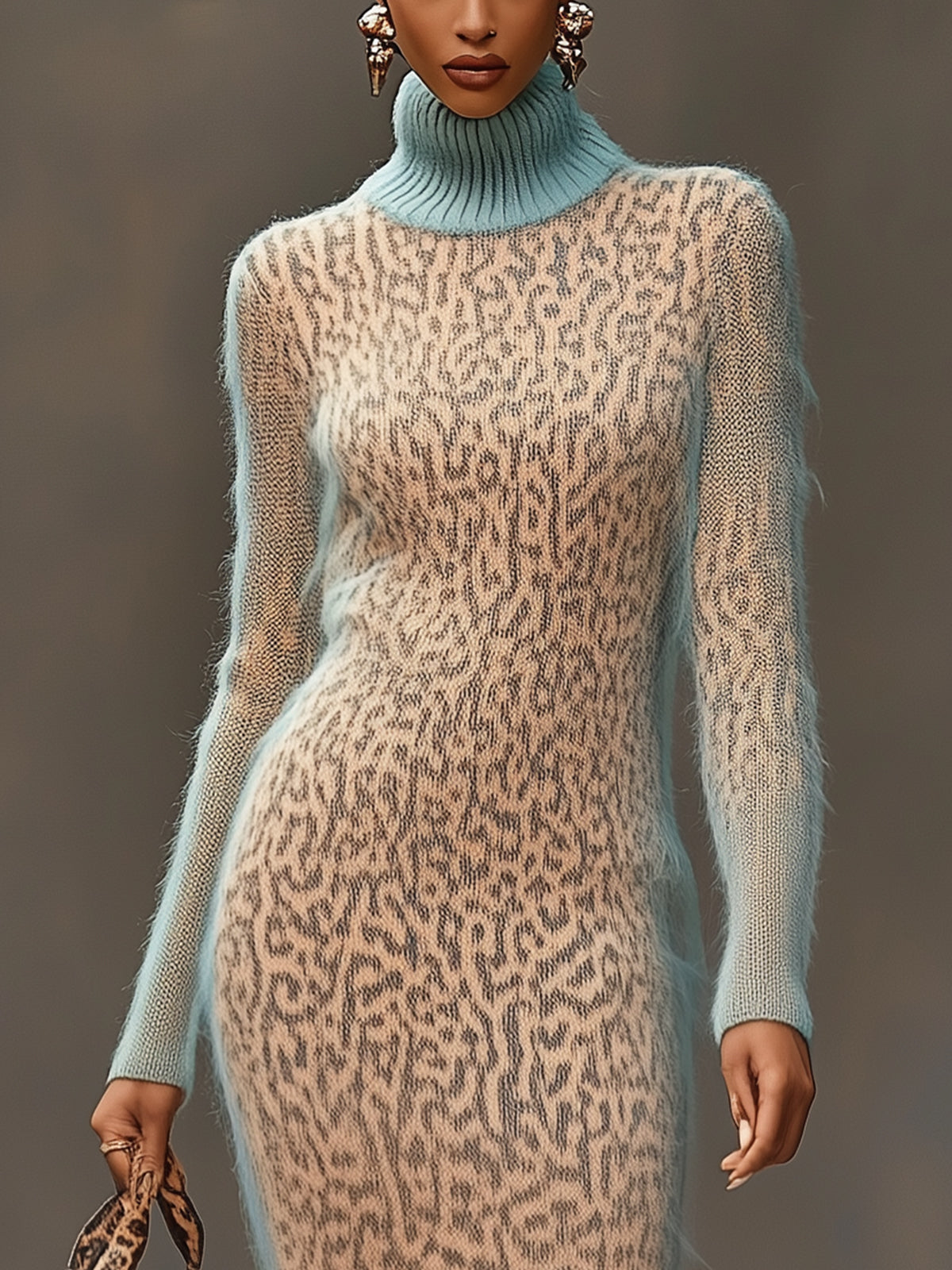 Blue And Beige Animal Print Sweater Dress