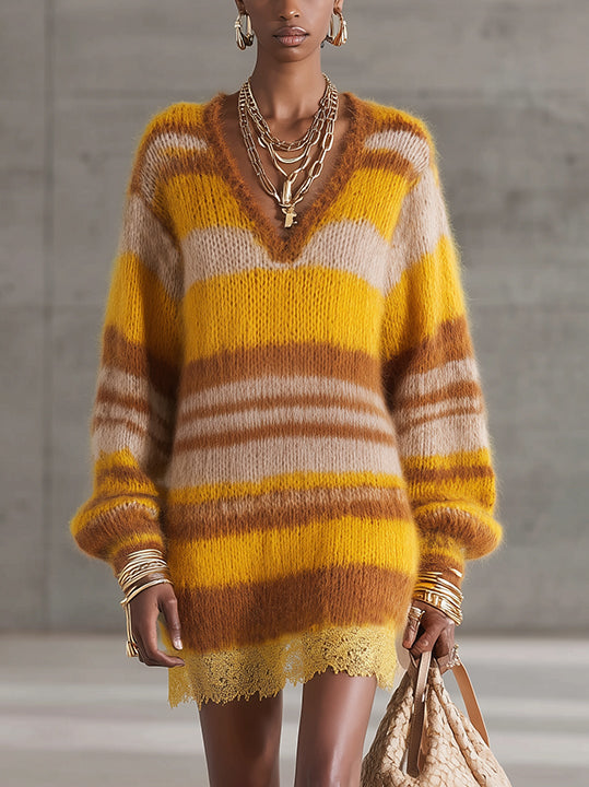 Yellow And Caramel Striped Mohair Sweater Dress With Lace Hem