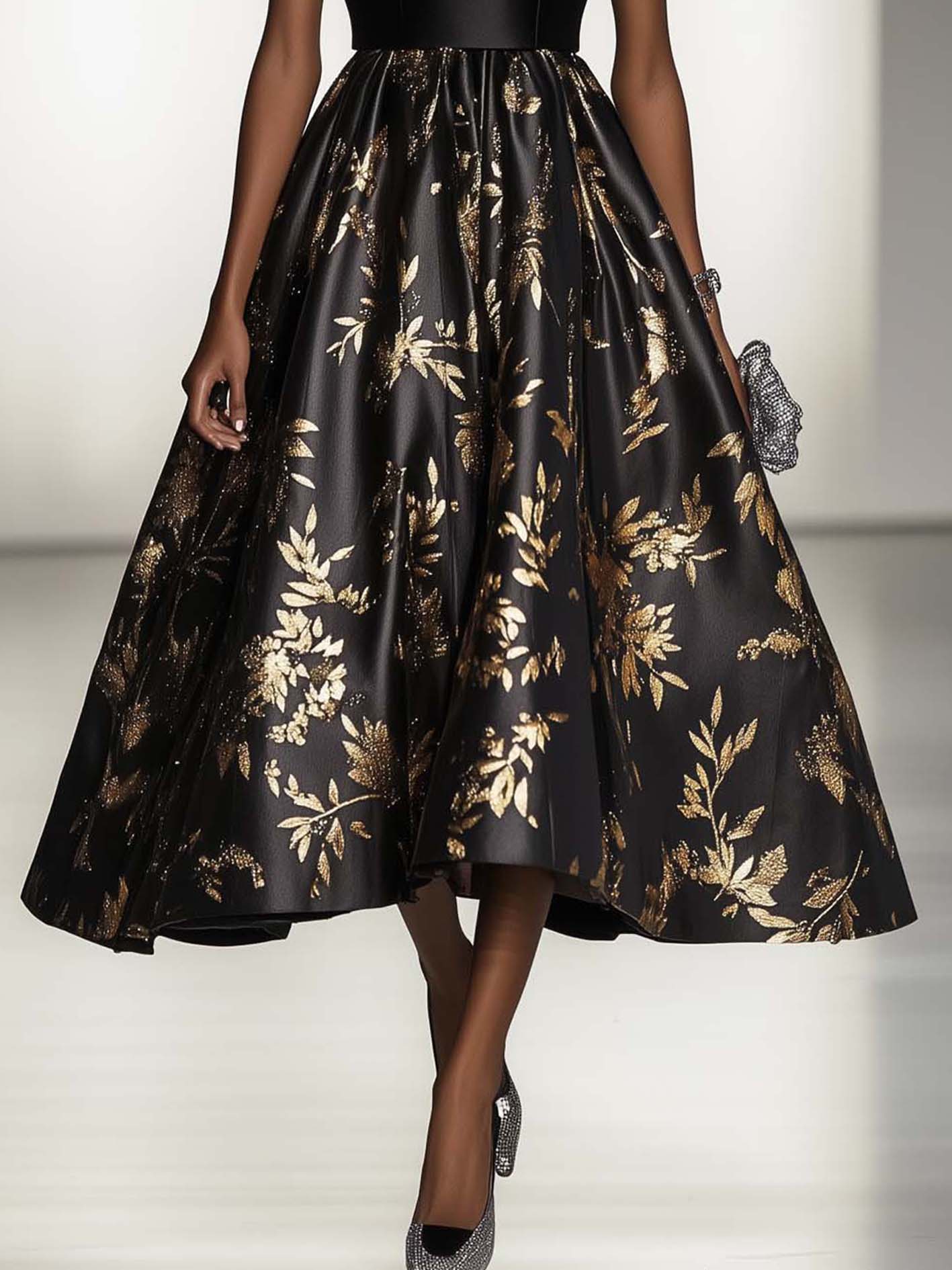 Black Satin Maxi Dress With Gold Botanical Print