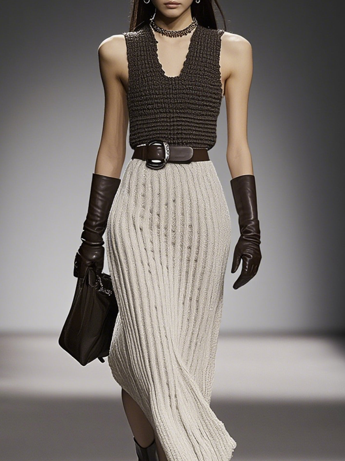 Brown And Beige Knit Sleeveless Bodycon With Belt