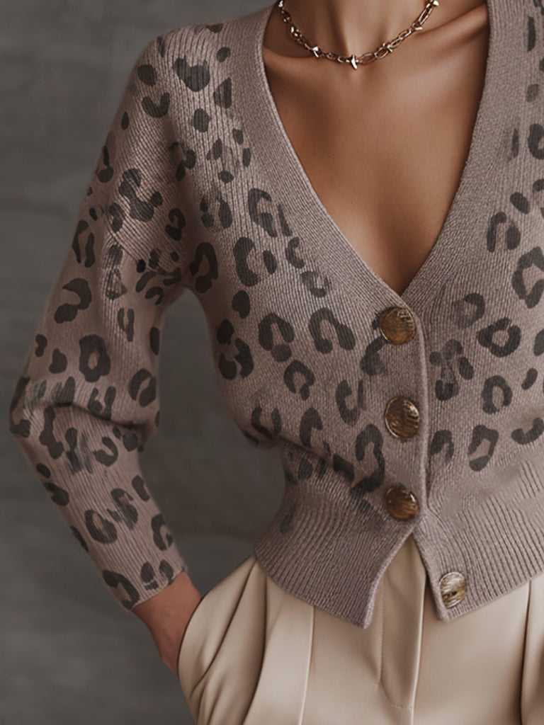 Taupe Leopard Print V-Neck Knit Cardigan With Vintage Metal Buttons