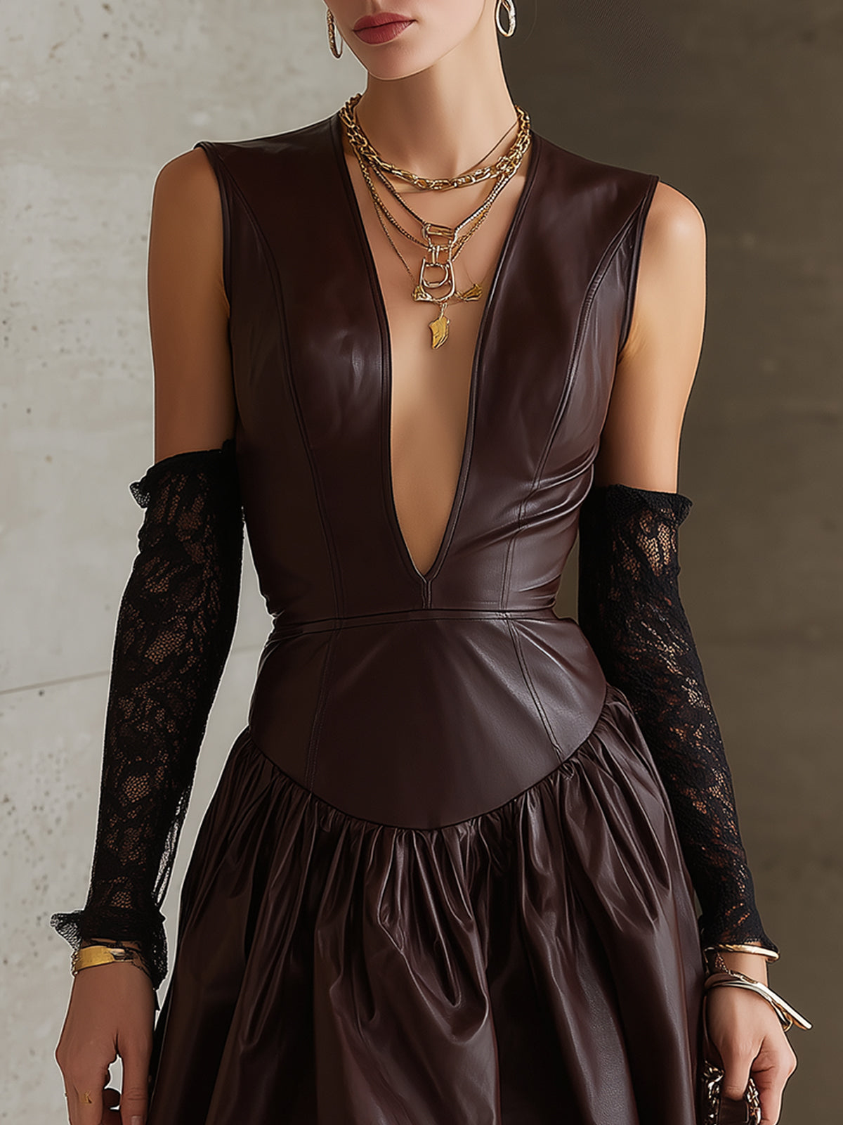 Chocolate Deep V-Neck Faux Leather Mini Dress With Lace Arm Warmers