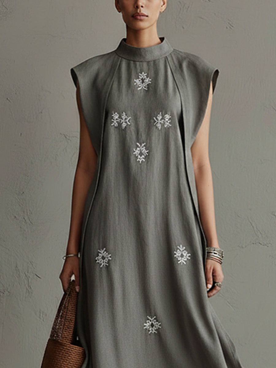 Gray Cotton Linen Blend Sleeveless Embroidered Lace Maxi Dress