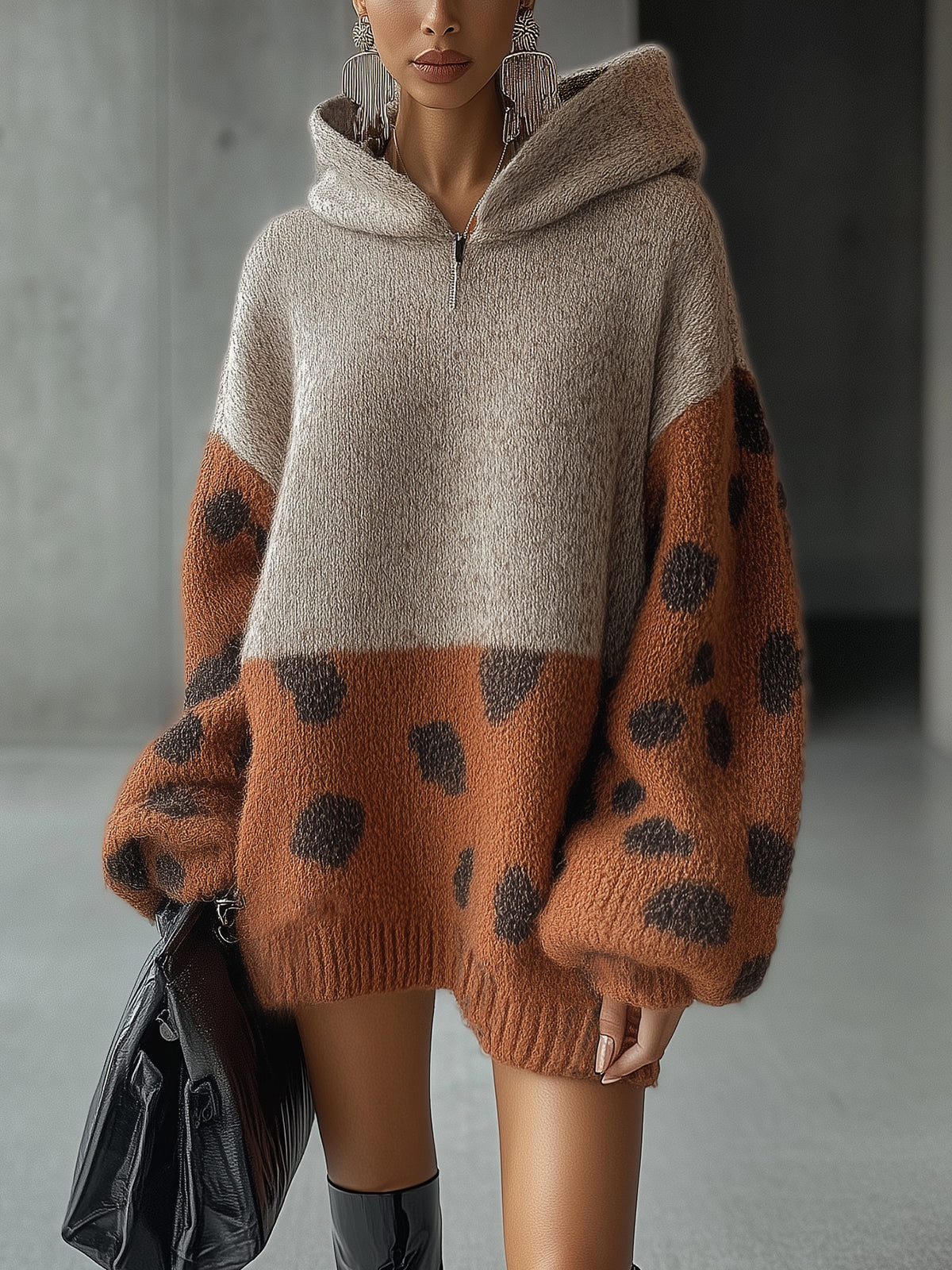 Beige And Brown Knitted Mini Dress With Leopard Print And Zippered Hood