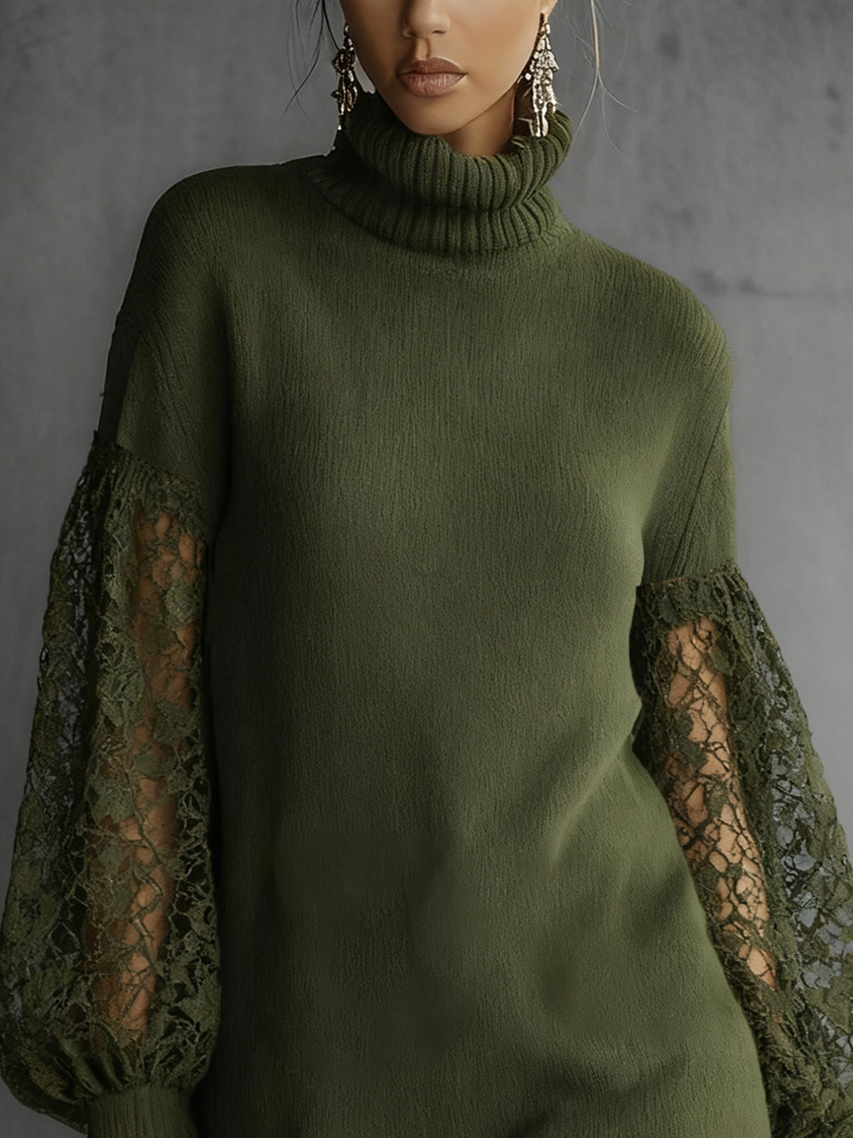 Olive Green Sweater Dress With Lace Sleeves And Ruffle Hem