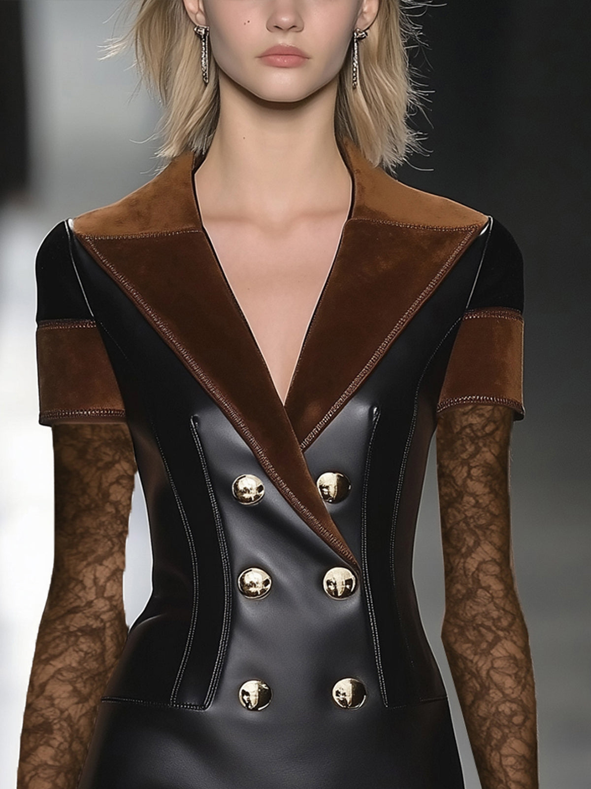 Artificial Leather Dress With Suede Collar And Lace Sleeves