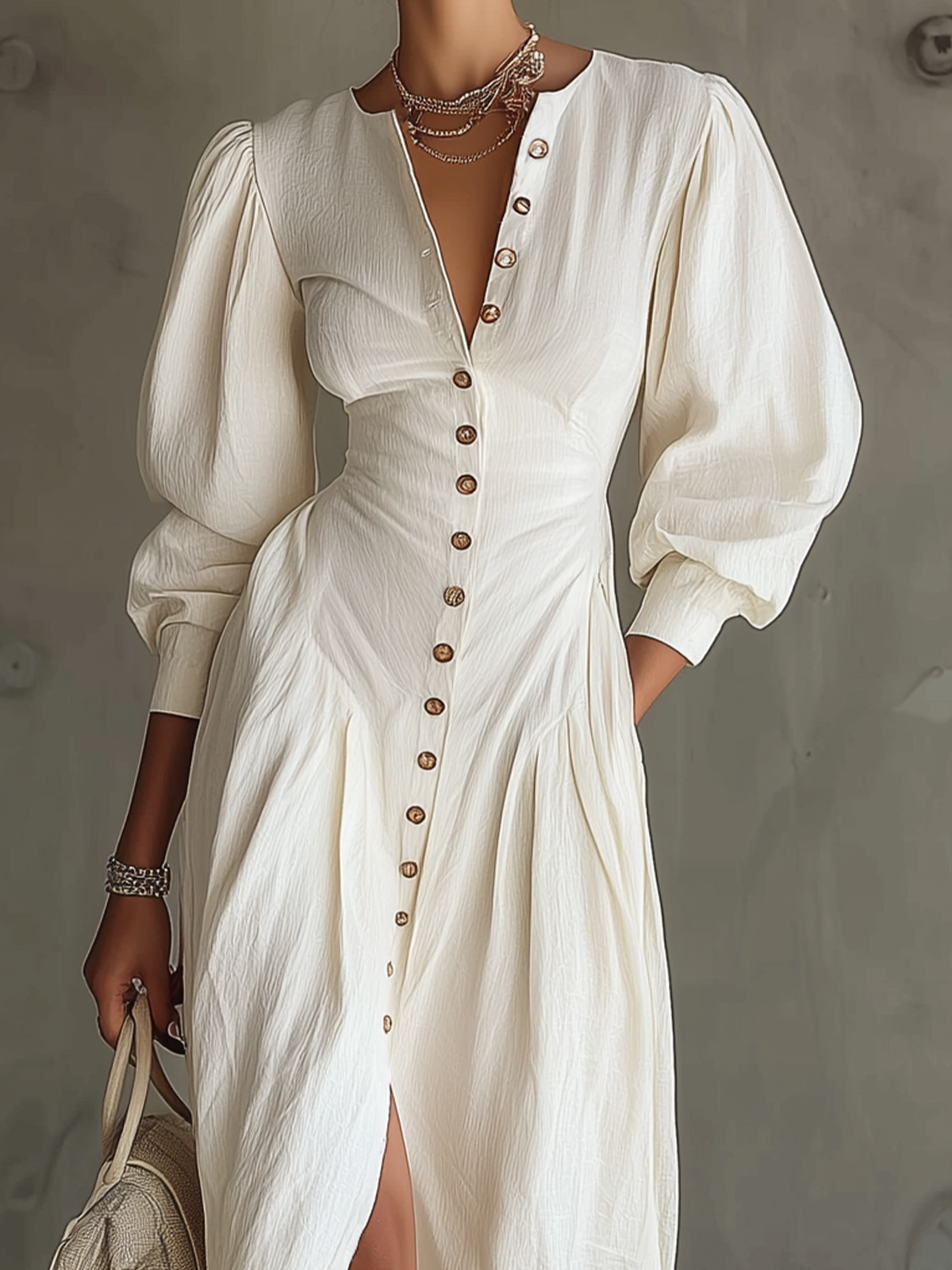 White Button-Down Puff Sleeve Midi Dress
