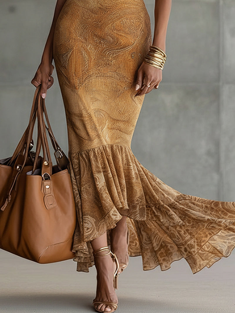 Brown High-Neck Mermaid Maxi Dress