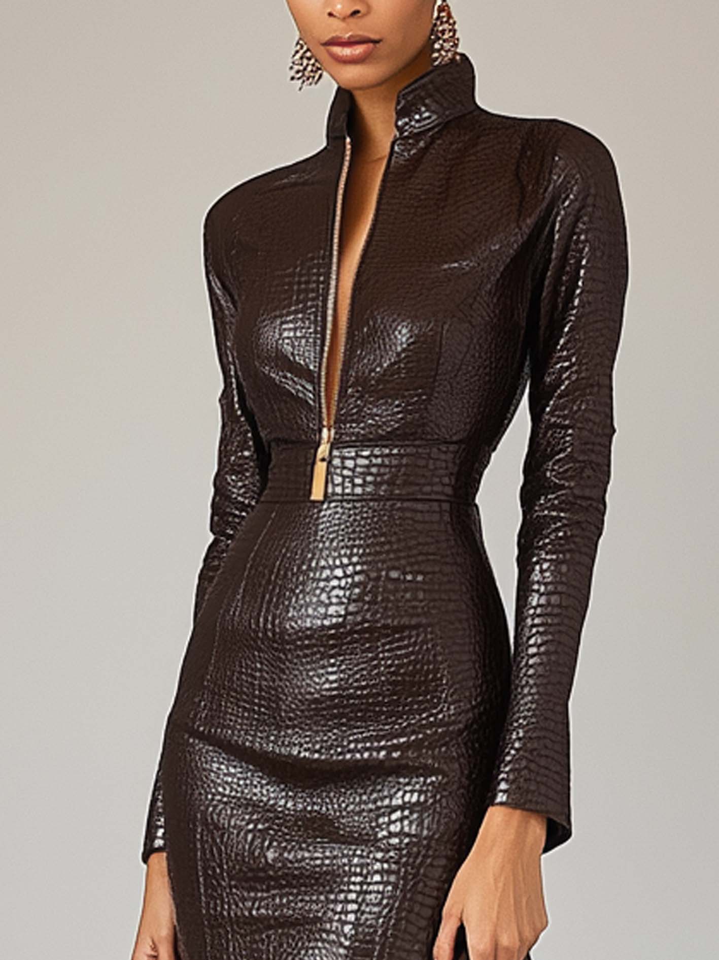 Dark Brown Textured Faux Leather Bodycon Dress With Side Slits