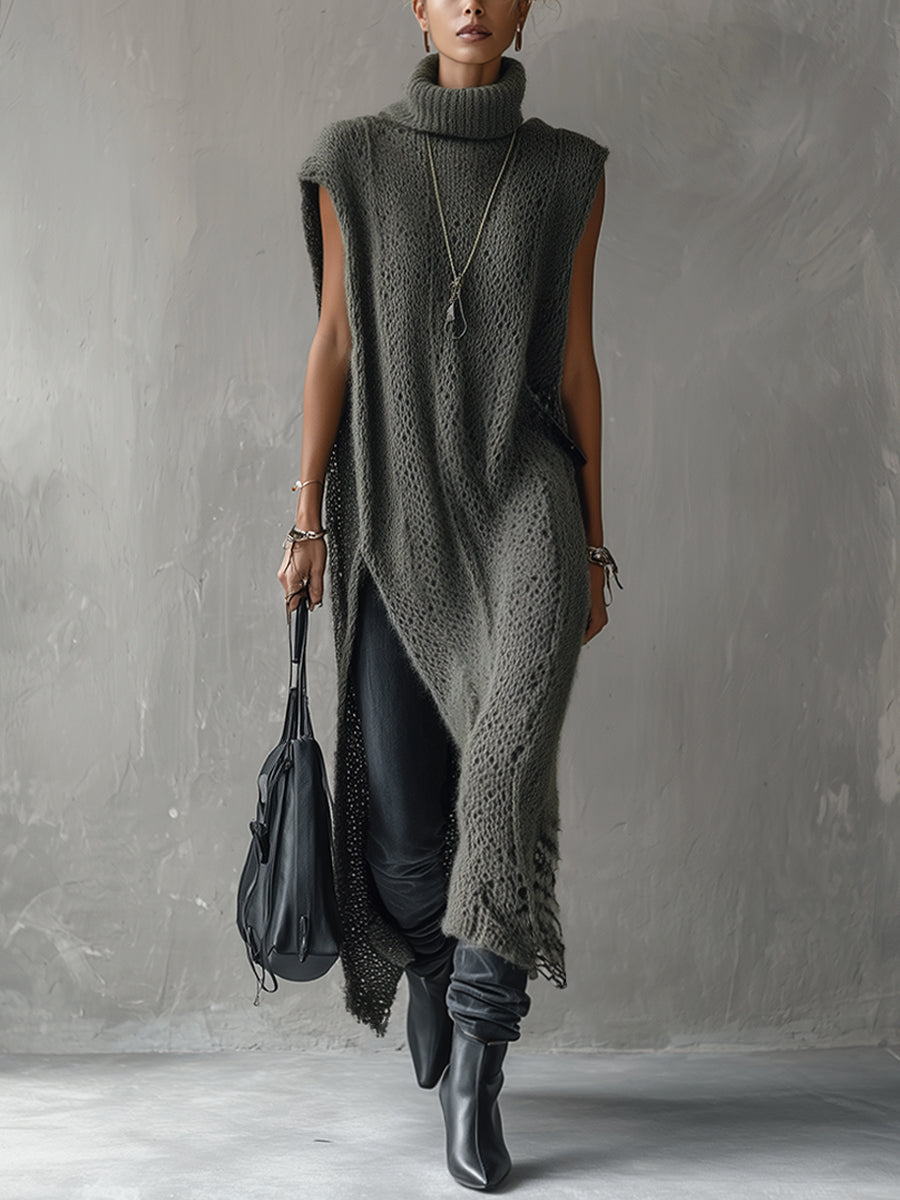 Gray Green Knit Sleeveless Turtleneck Maxi Dress