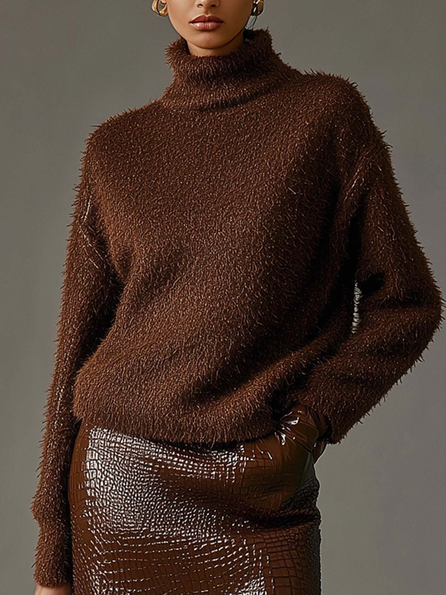 Brown Turtleneck Sweater And Crocodile Textured Faux Leather Skirt Set