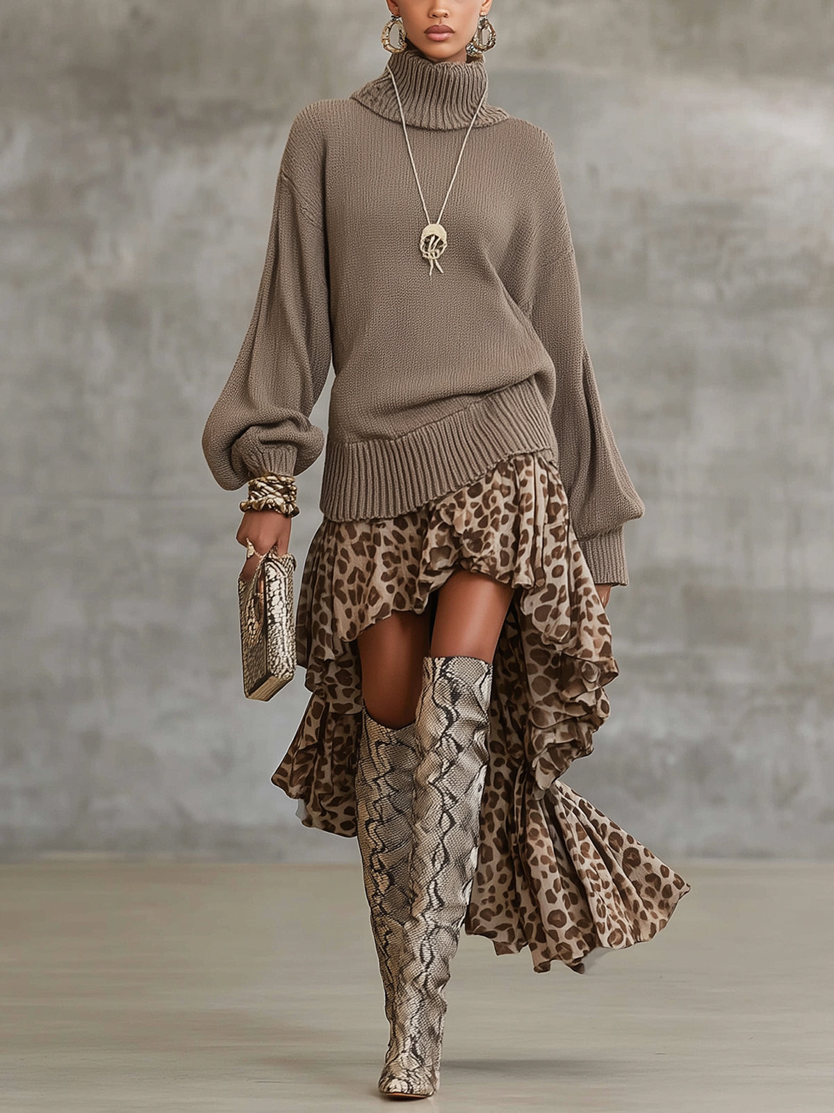Mocha Turtleneck Knit Leopard Patchwork  Midi Dress
