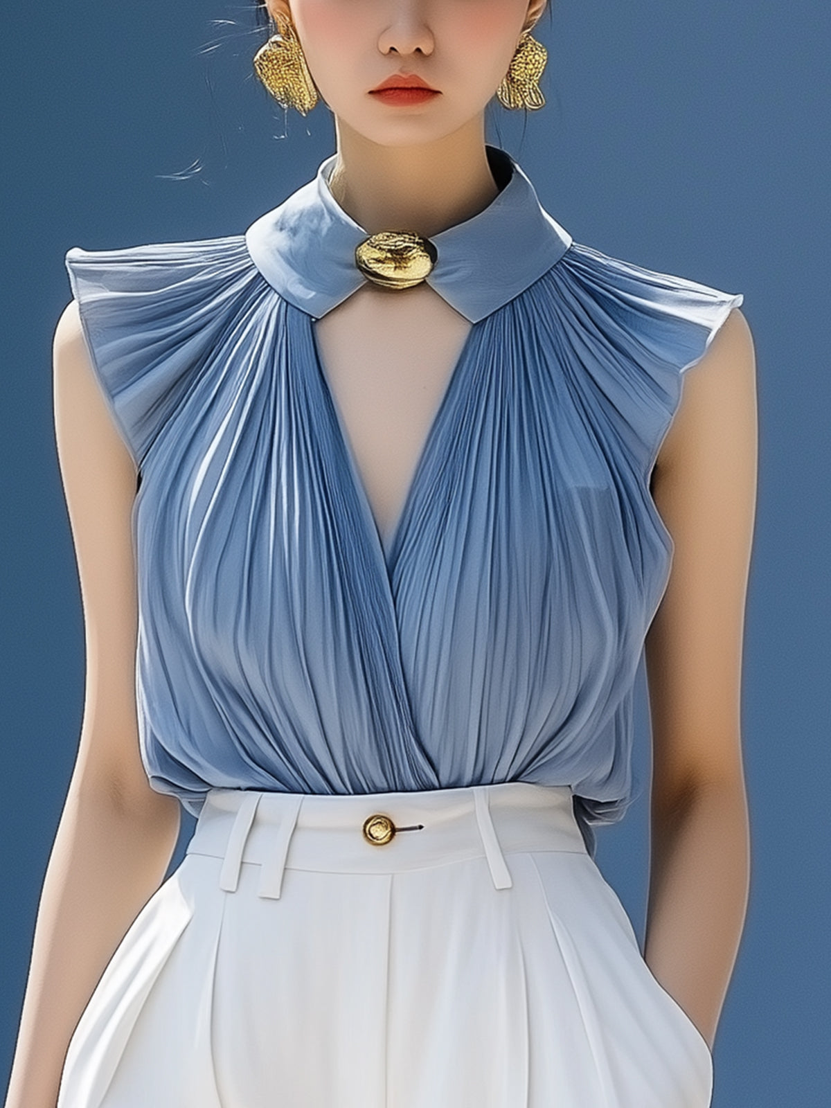 Unique Pleated Chiffon Blouse with Cutout Neckline