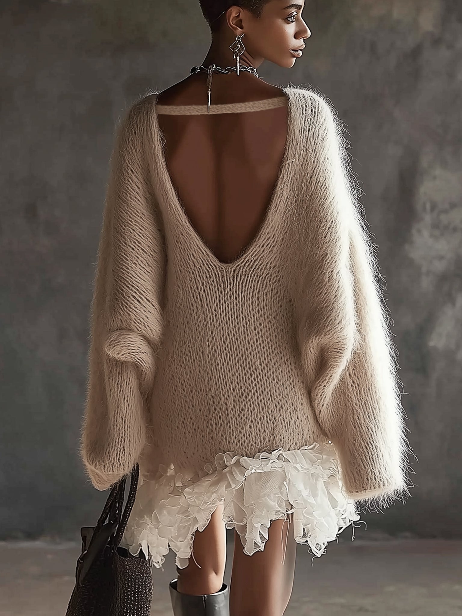 Beige Mohair Knit Open Back Mini Dress With Chiffon Ruffle Hem