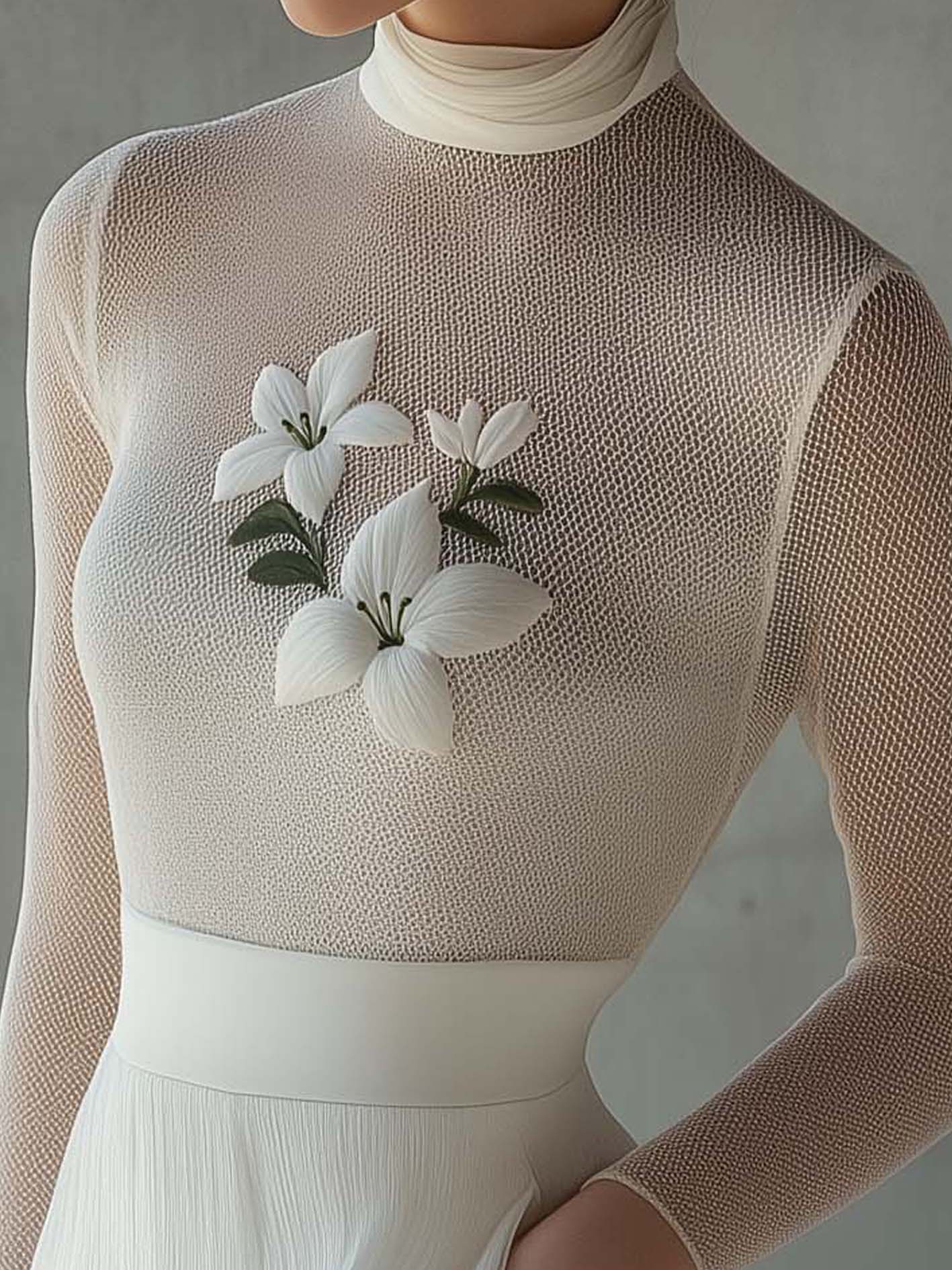 White Mesh T-shirt With Elegant White Embroidery