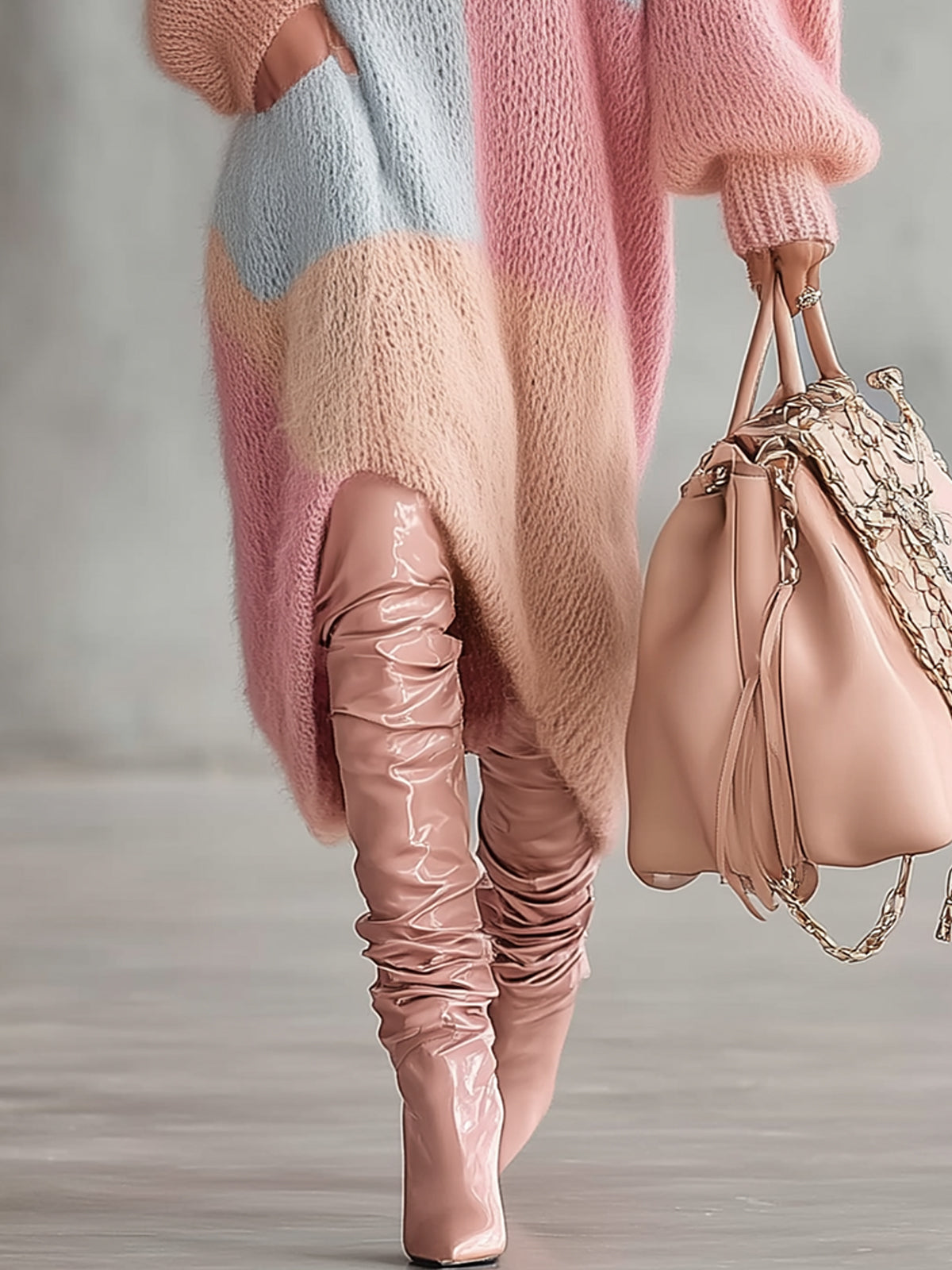 Pastel Color Block Mohair Oversized Knit Sweater Dress