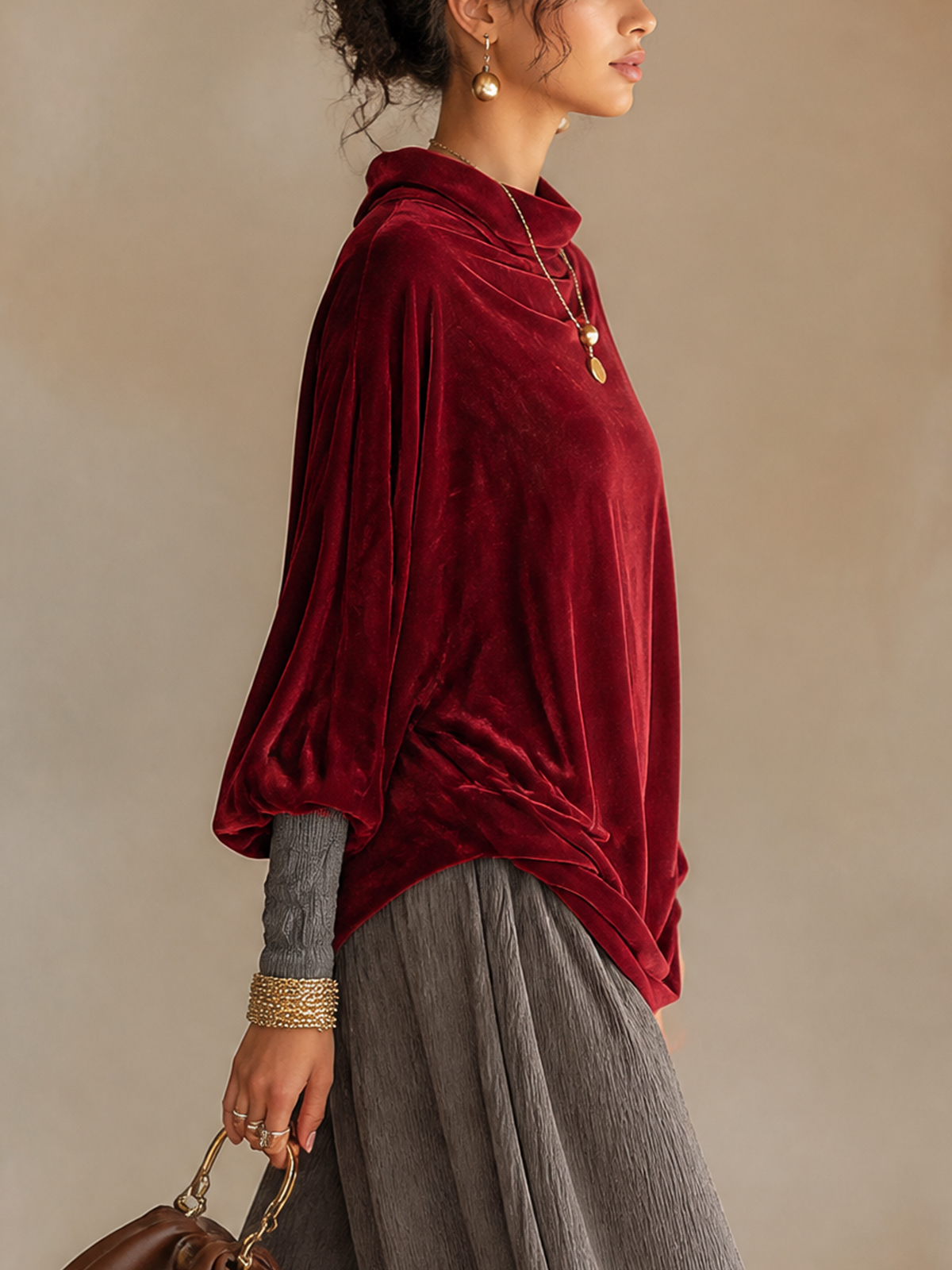 Burgundy Velvet Cowl Neck Batwing Sleeve Blouse