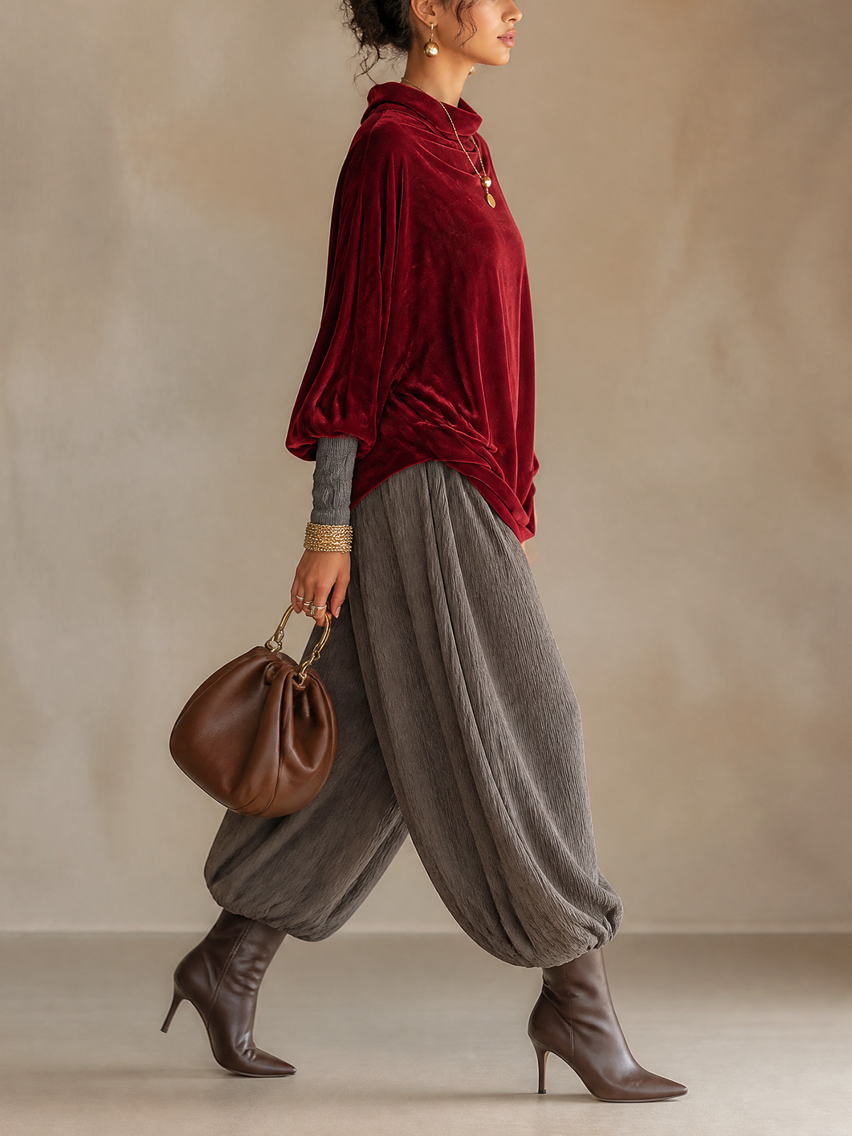 Burgundy Velvet Cowl Neck Top & Crinkled Harem Pant Two‑Piece Set