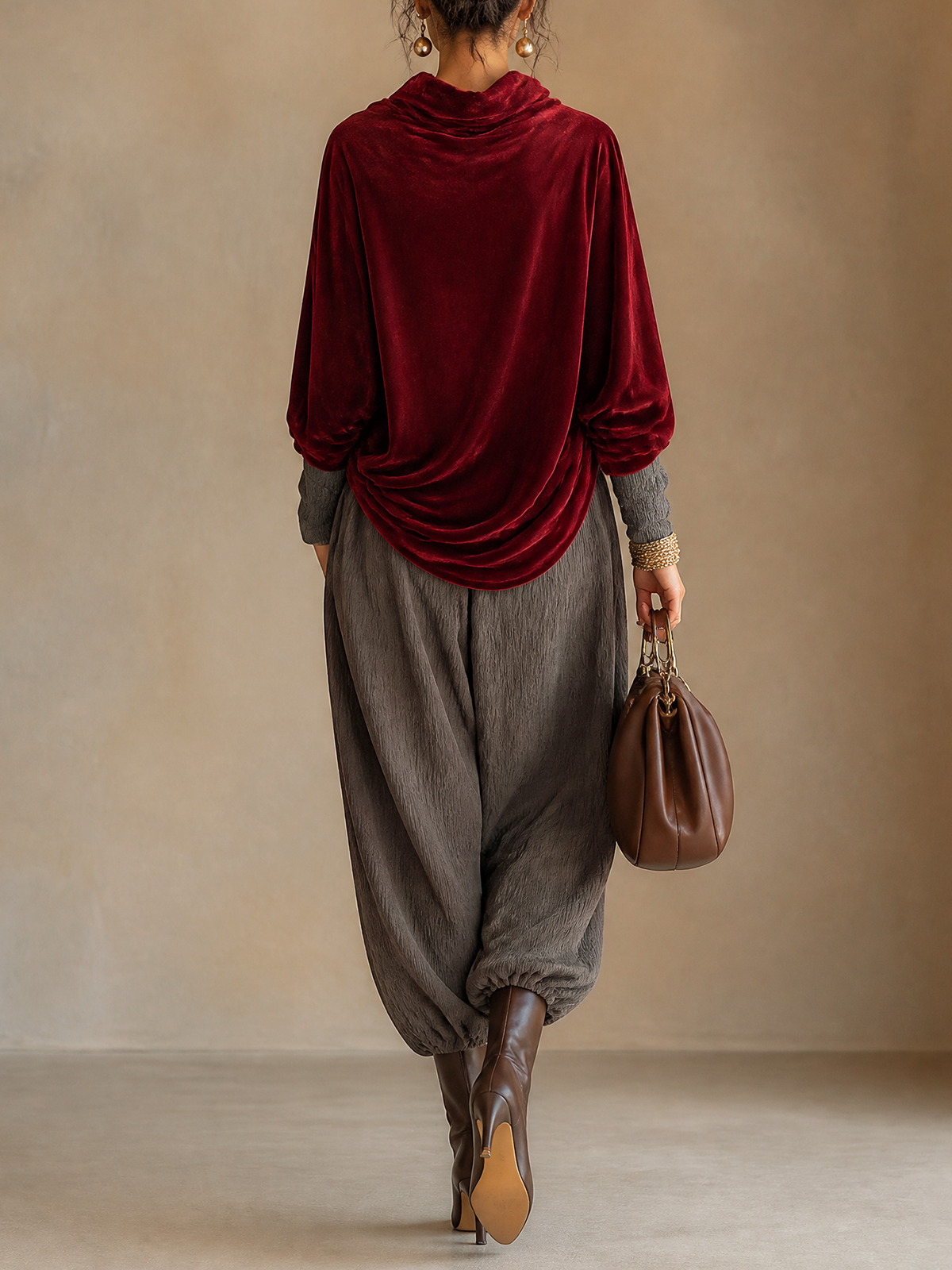 Burgundy Velvet Cowl Neck Top & Crinkled Harem Pant Two‑Piece Set