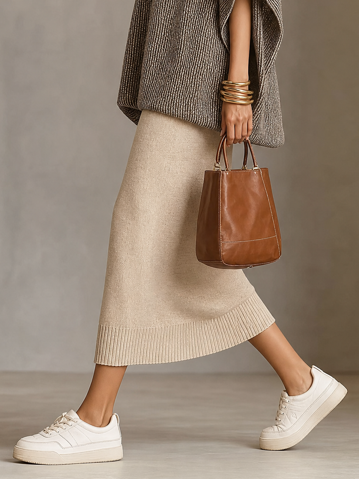 Beige Textured Knit Midi Skirt